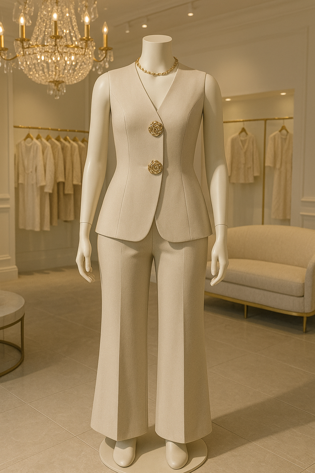 Beige Waistcoat and Flared Trouser Set