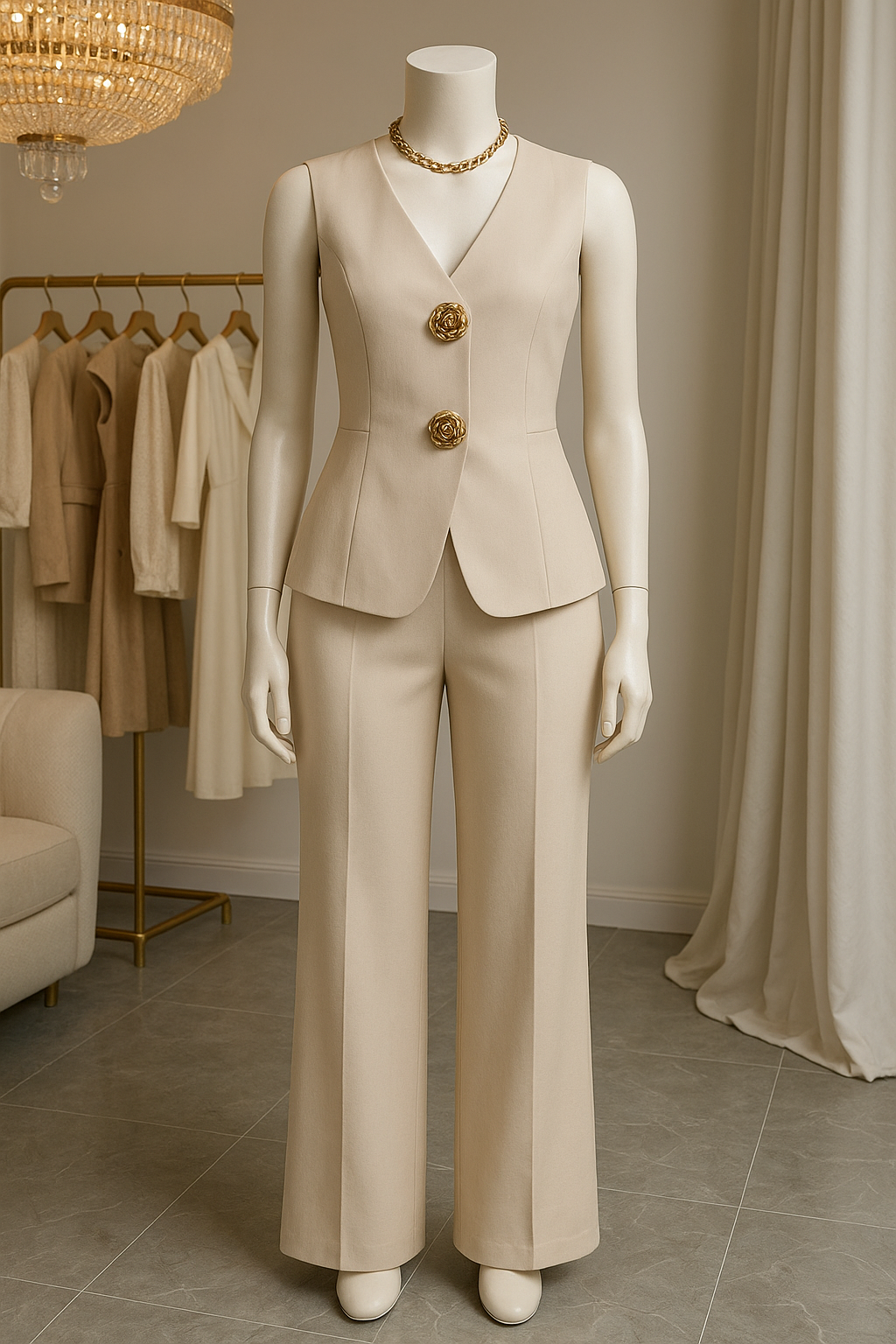 Beige Waistcoat and Flared Trouser Set