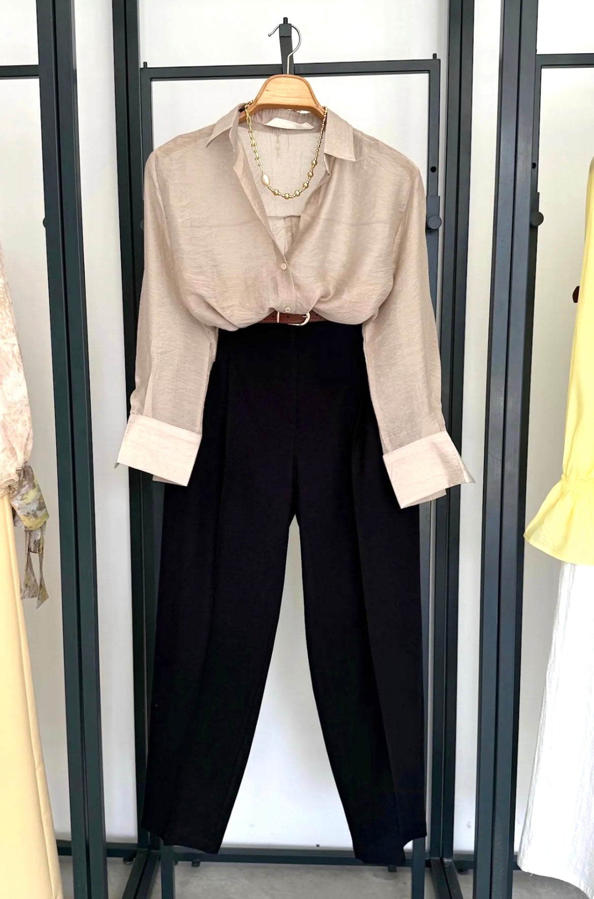 Beige & Black Sheer Shirt & Trouser Set