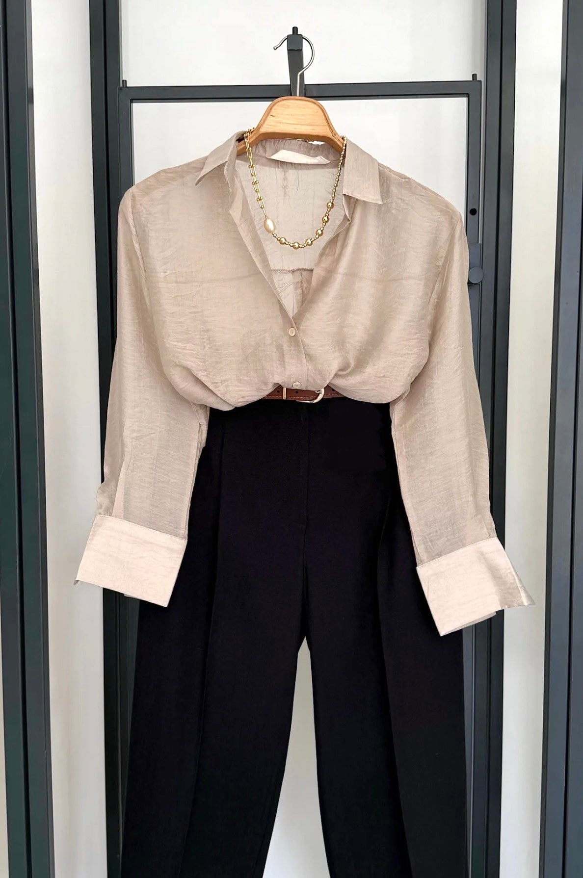 Beige & Black Sheer Shirt & Trouser Set