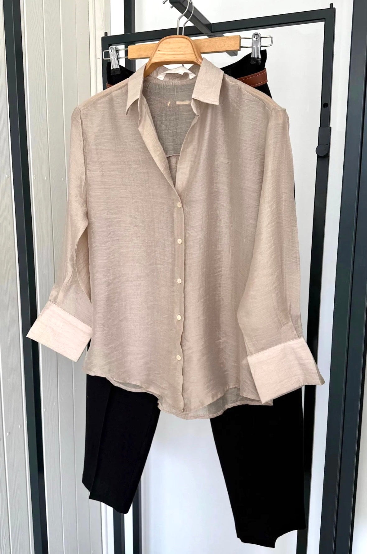 Beige & Black Sheer Shirt & Trouser Set