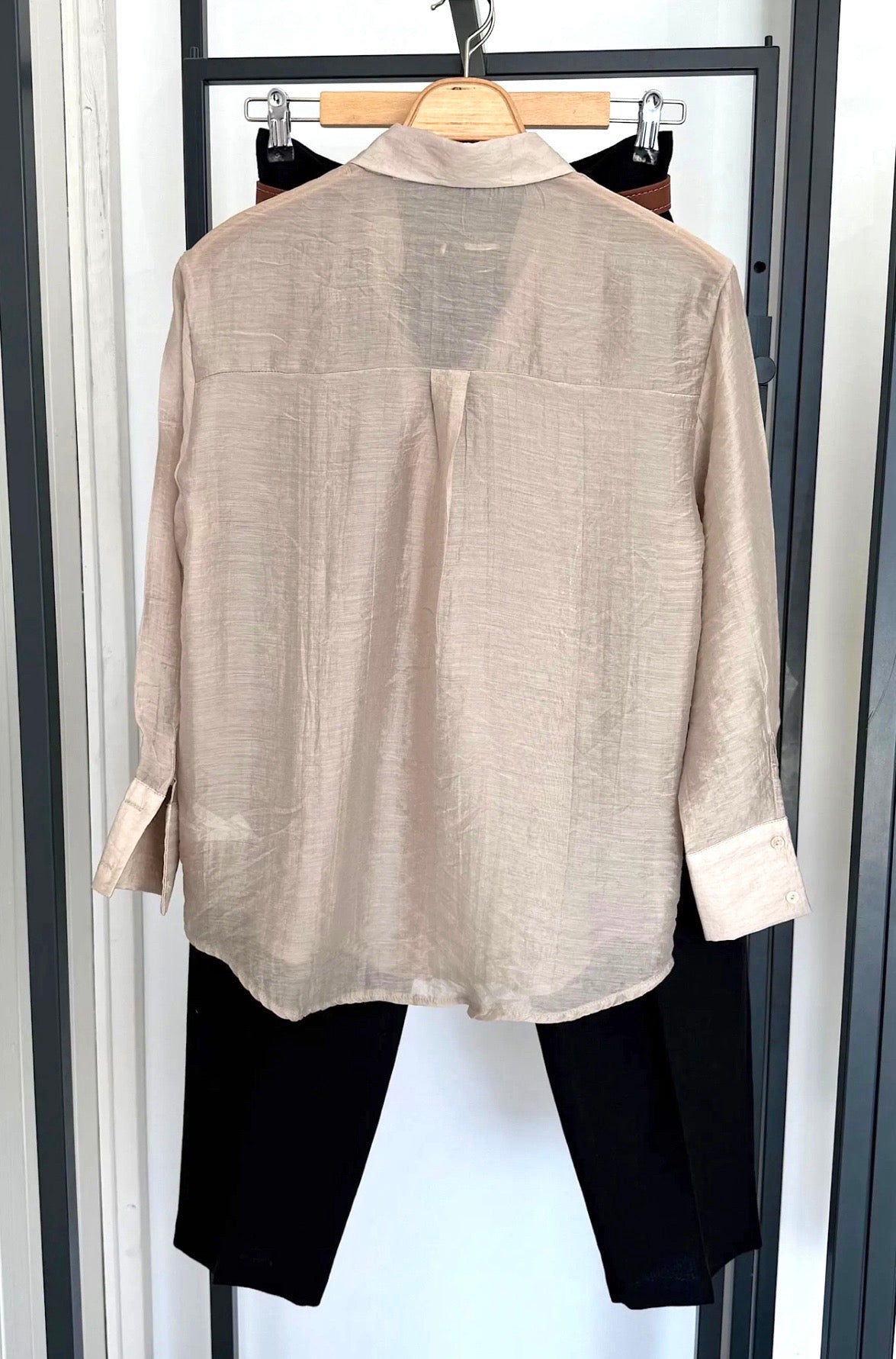 Beige & Black Sheer Shirt & Trouser Set