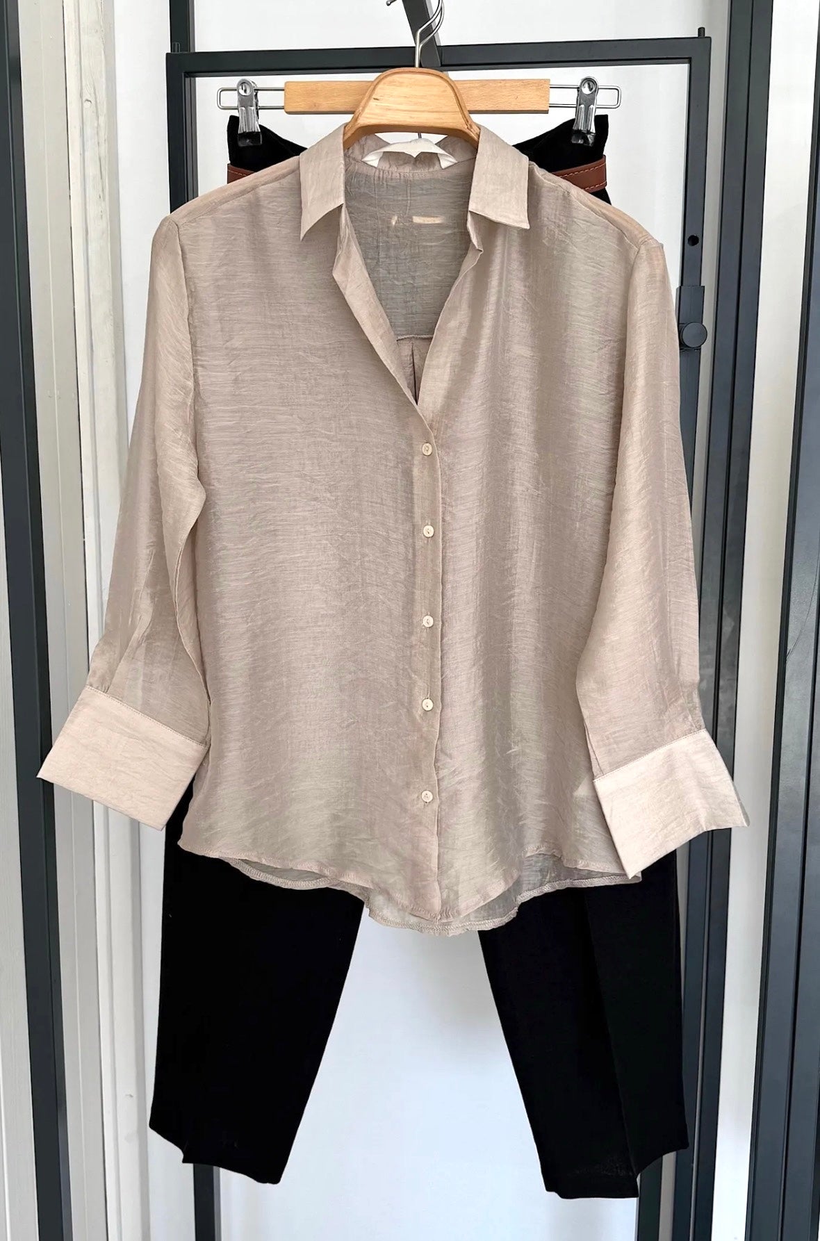 Beige & Black Sheer Shirt & Trouser Set