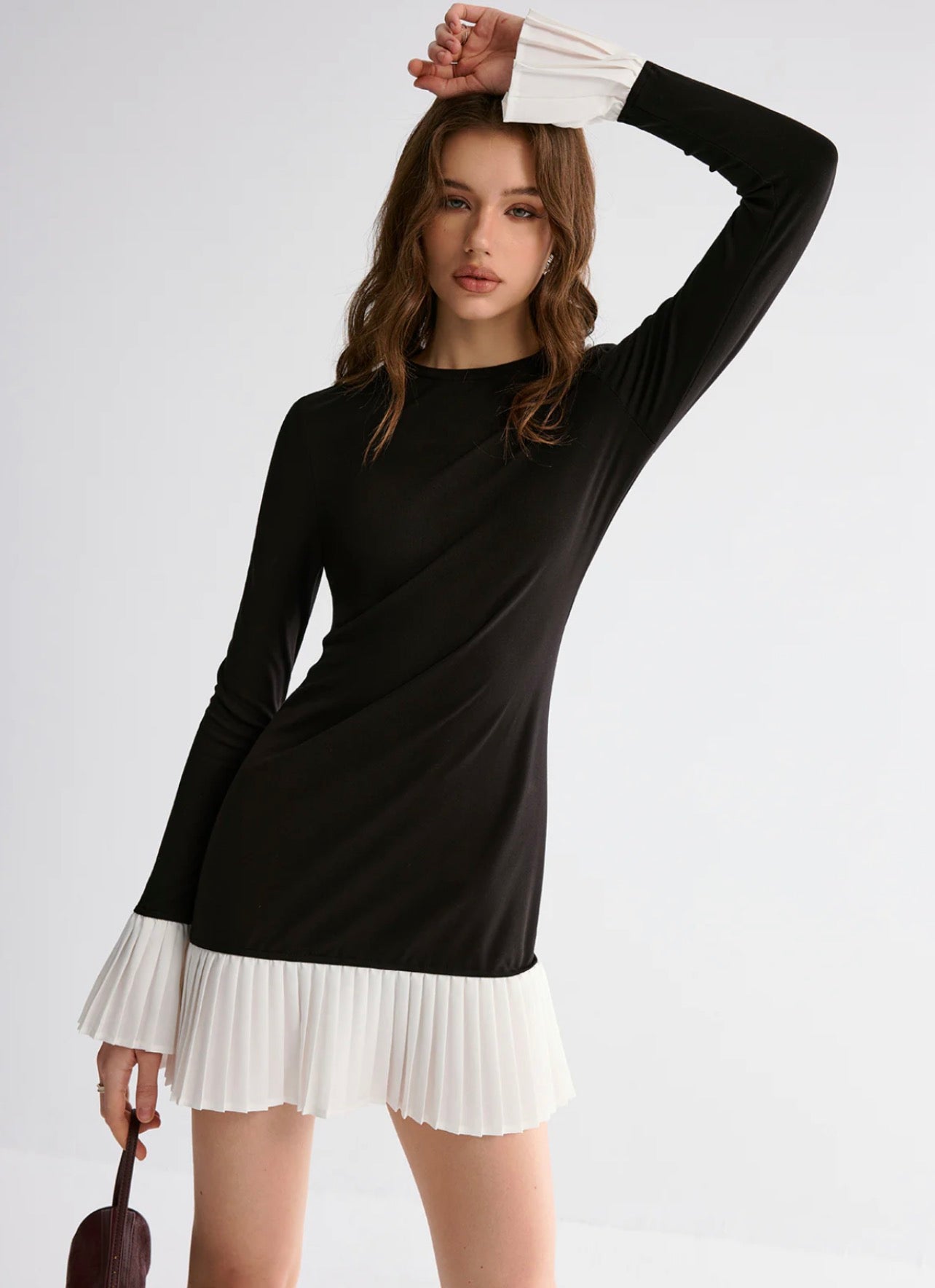 Black Contrast Pleated Bodycon Dress | Long Sleeve Mini Dress for Women Kochila Couture Black Contrast Pleated Bodycon Dress | Long Sleeve Mini Dress for Women Kochila Couture