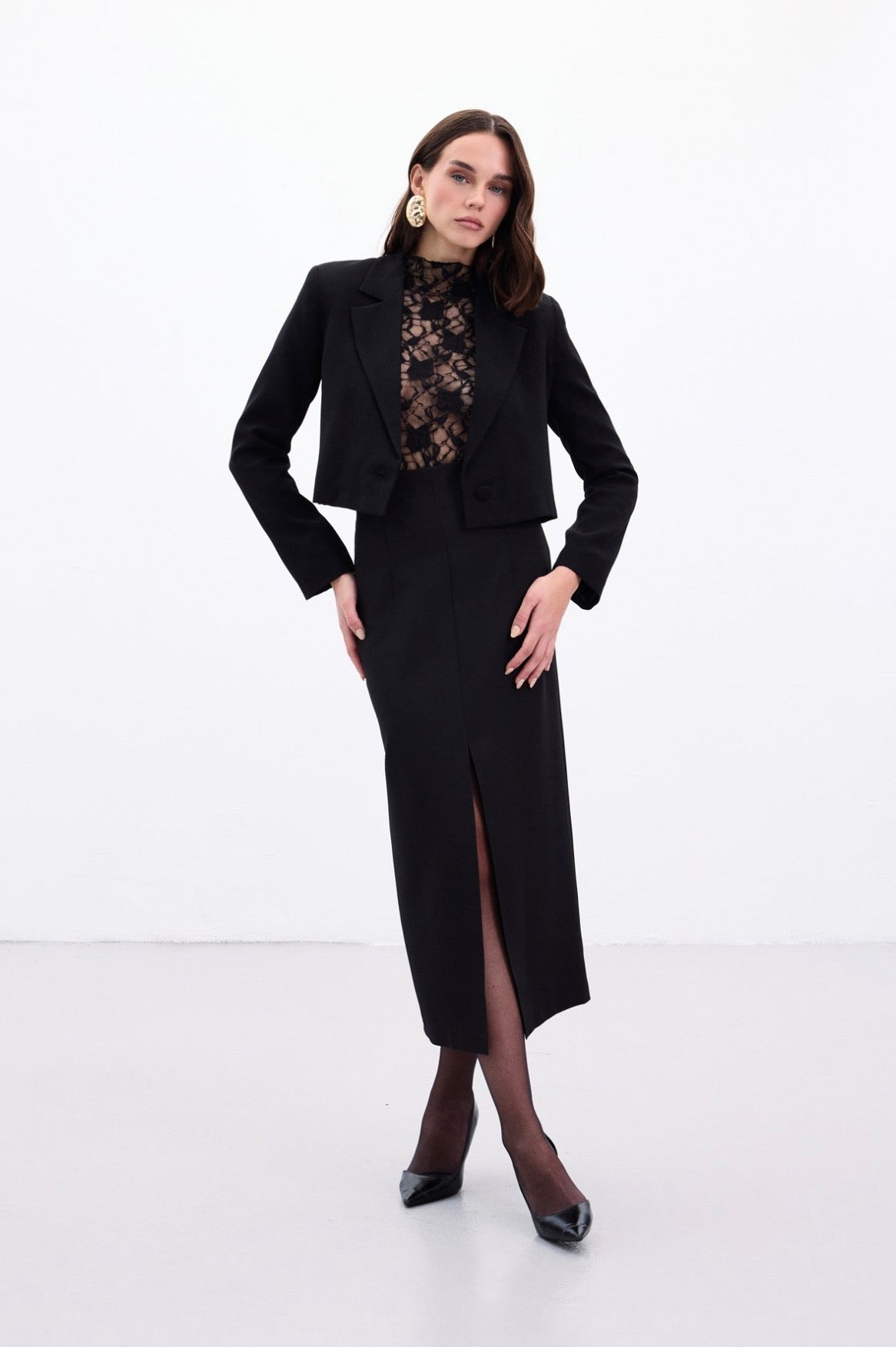 Black Front Slit Pencil Midi Skirt