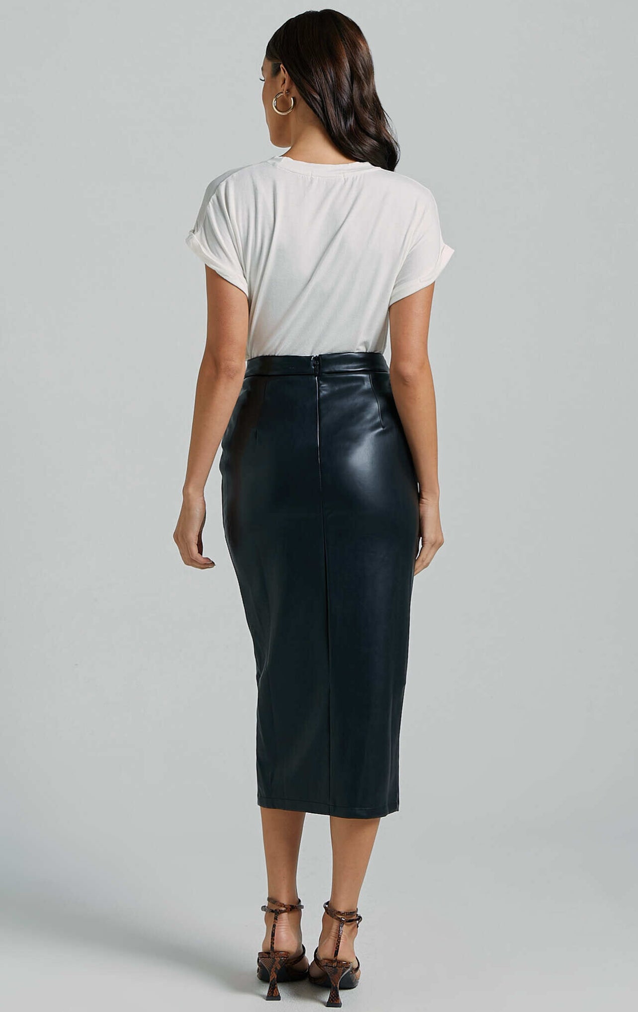 Black Leather Split Midi Skirt