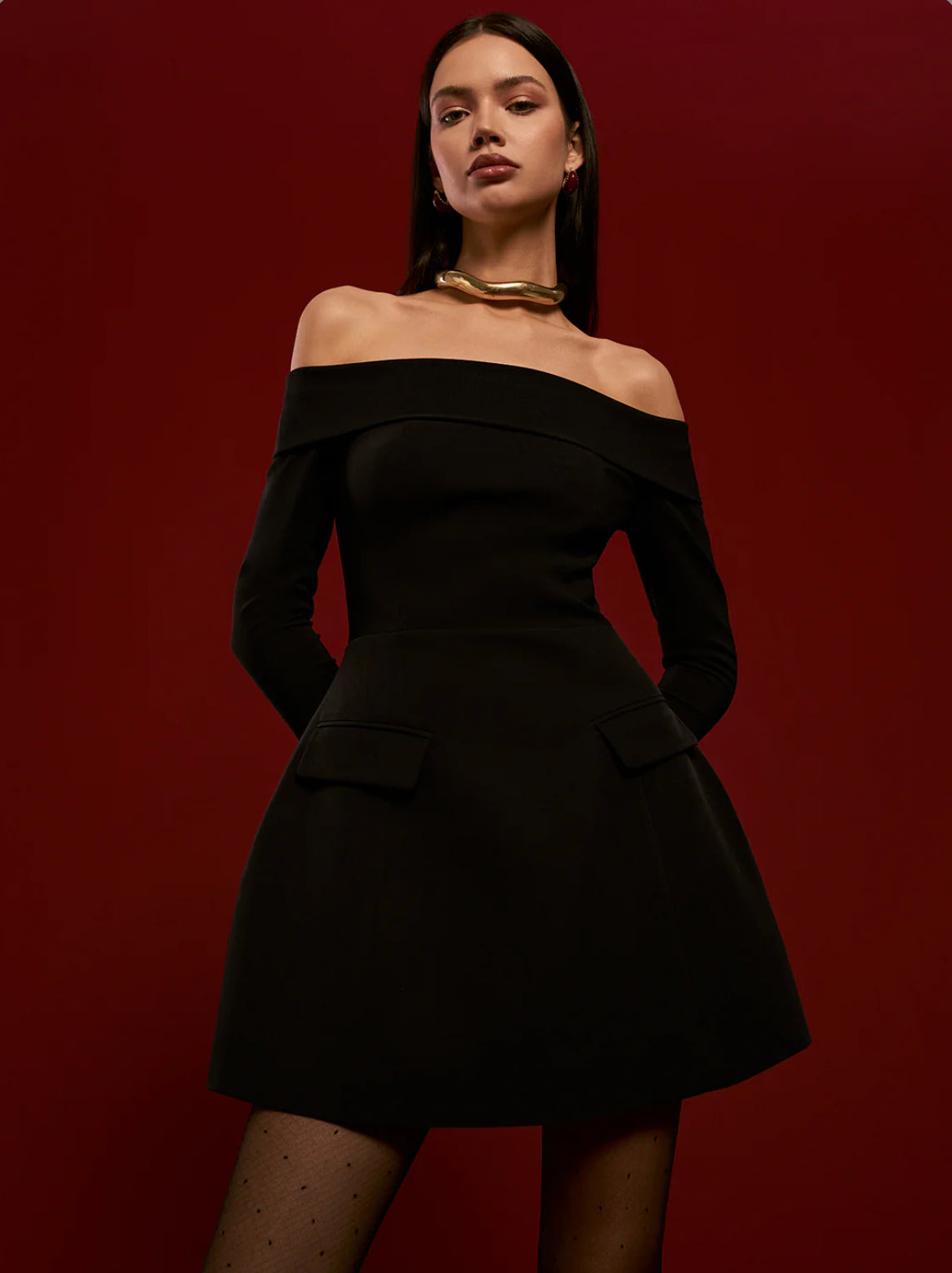 Black Off Shoulder Pocket Mini Dress