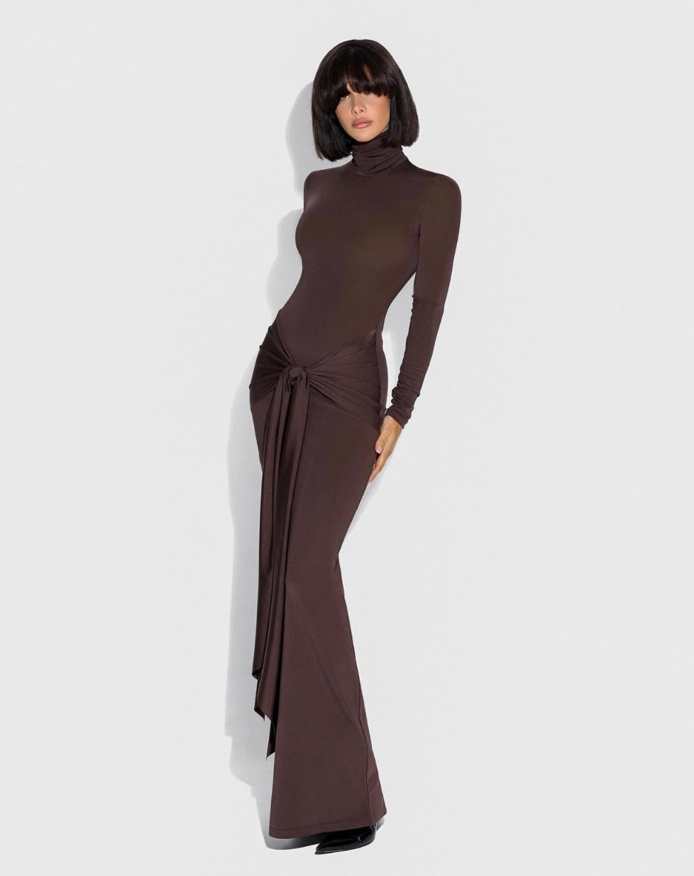 Brown Gathered High-neck Maxi Dress