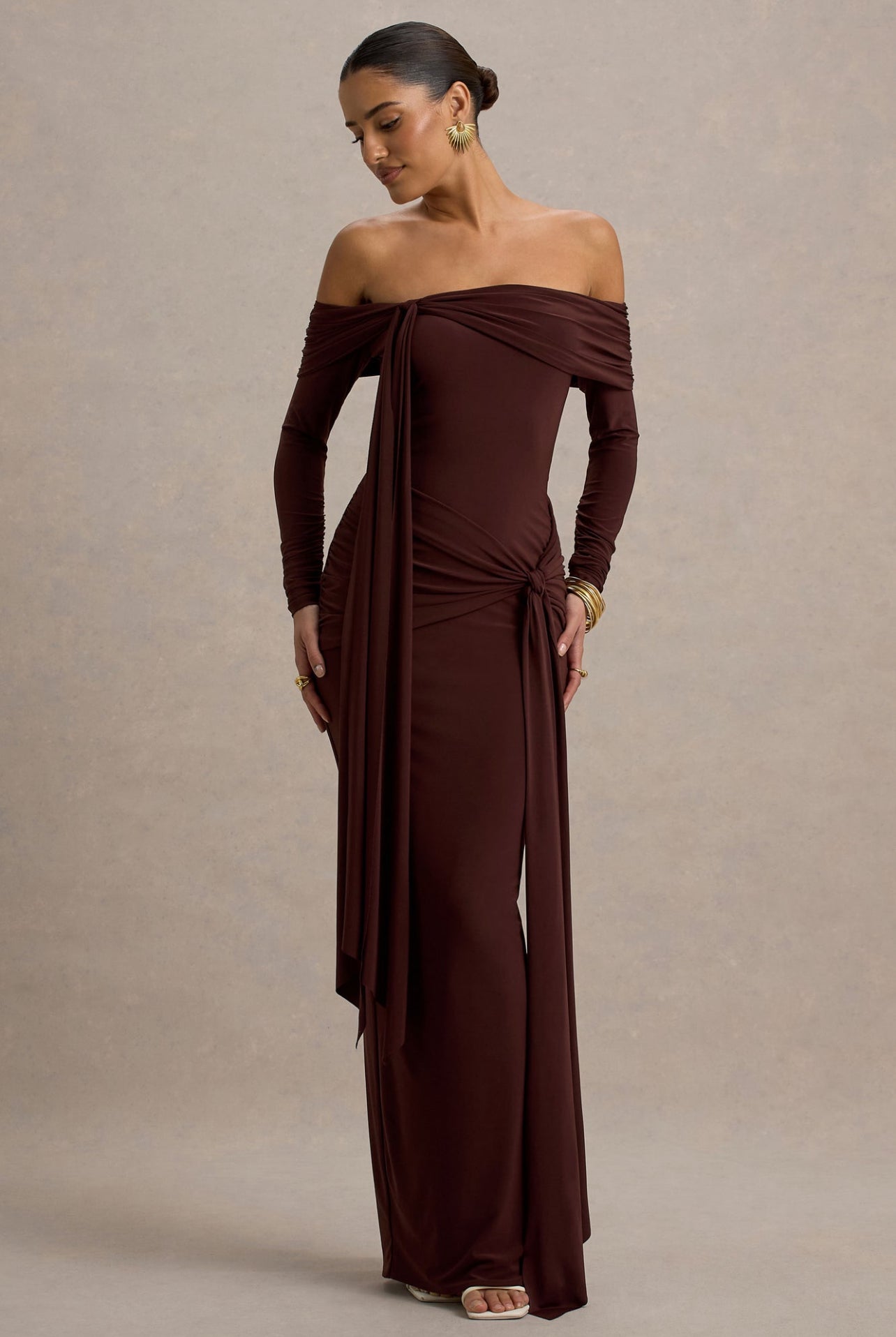 Brown Off Shoulder Bodycon Dress