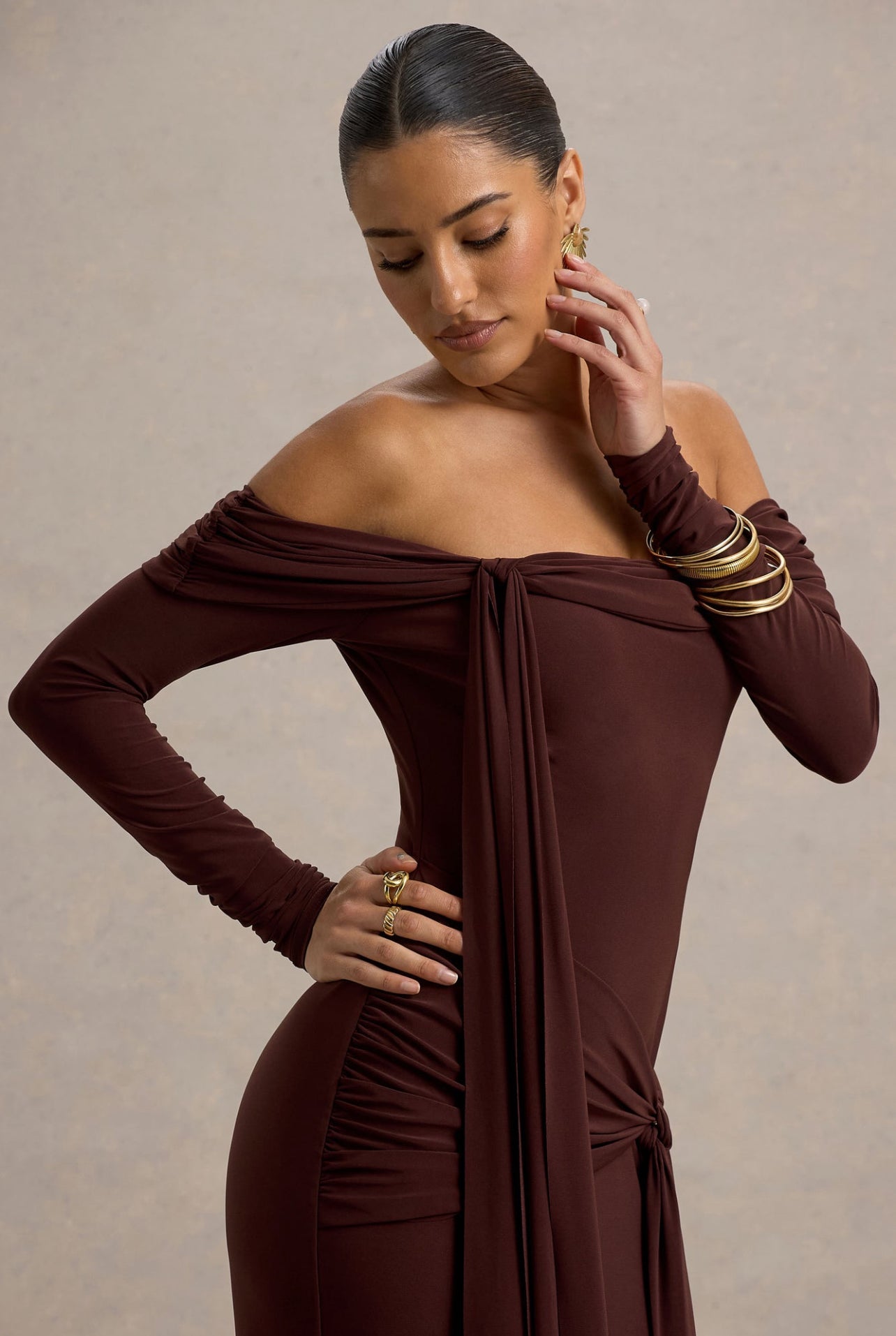Brown Off Shoulder Bodycon Dress