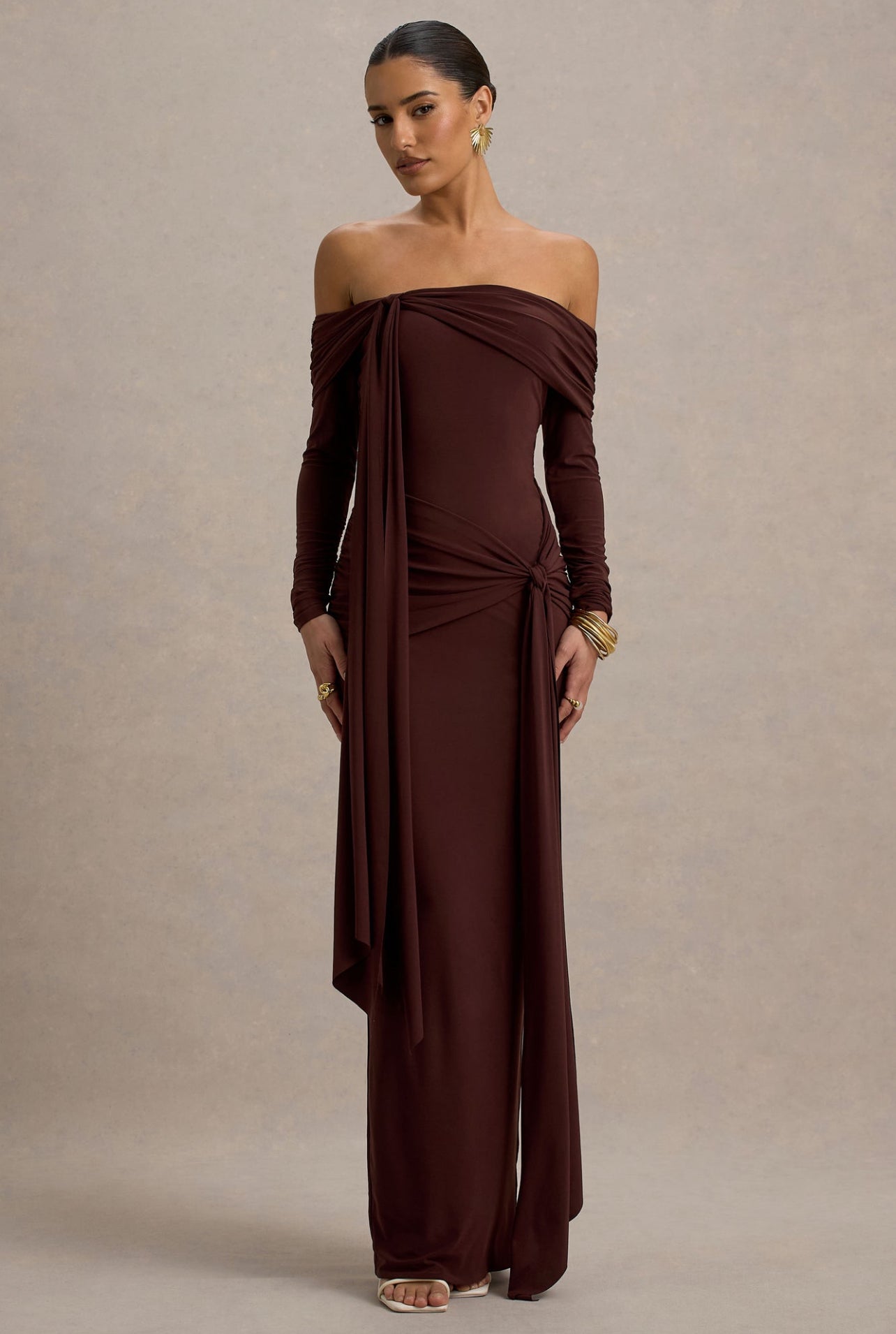 Brown Off Shoulder Bodycon Dress