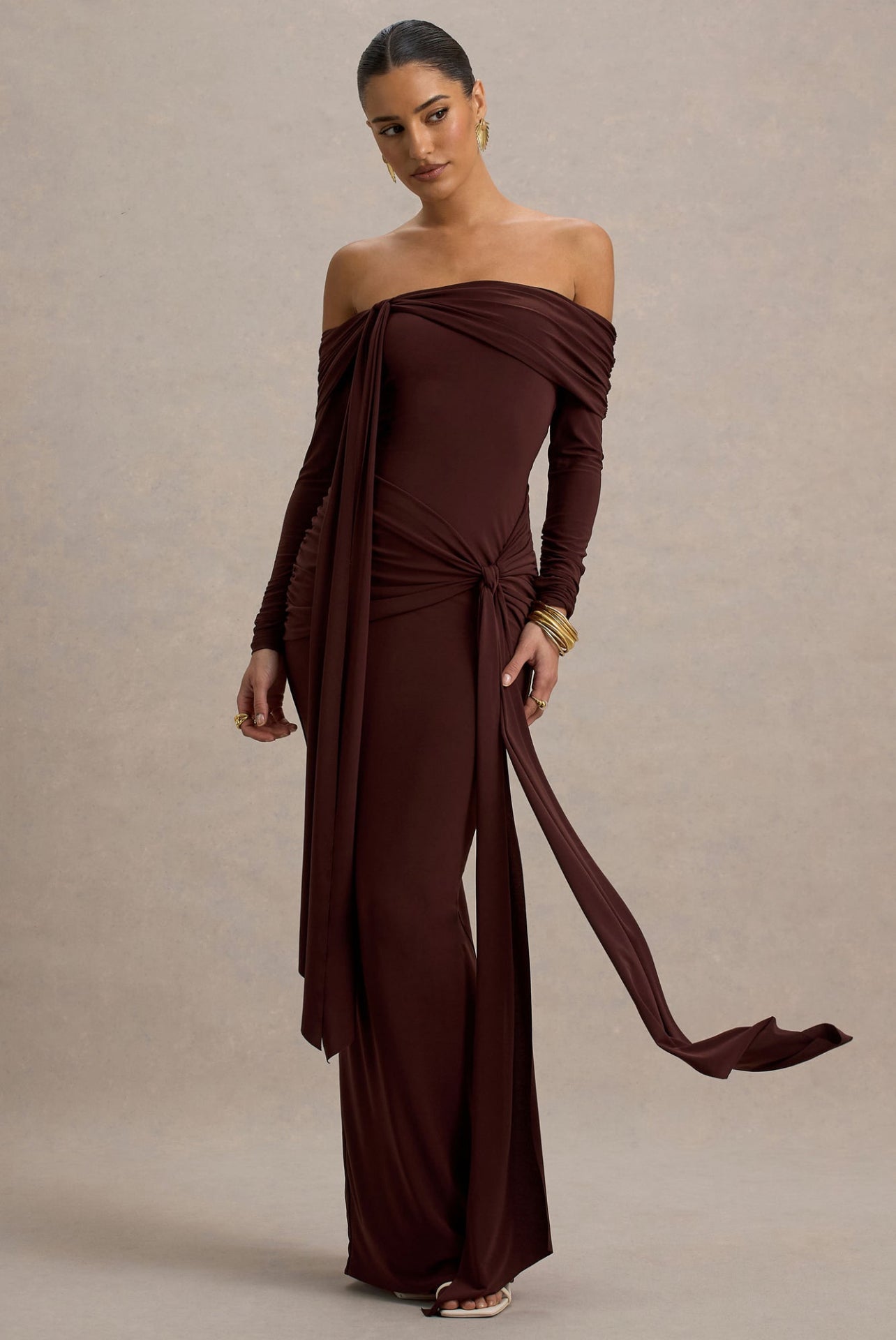 Brown Off-Shoulder Maxi Bodycon Dress Elegant Evening Wear Kochila Couture Brown Off-Shoulder Maxi Bodycon Dress Elegant Evening Wear Kochila Couture