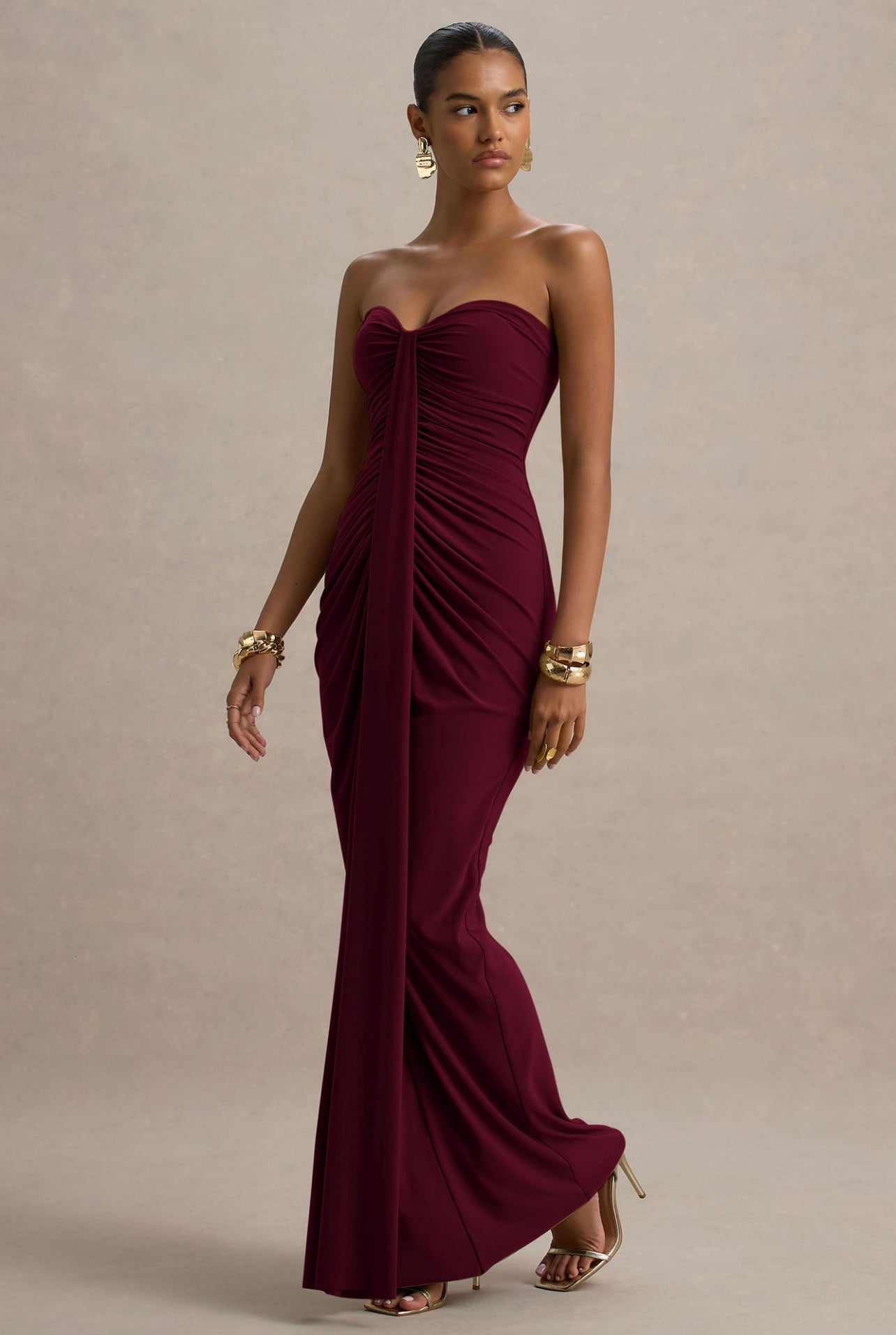 Burgundy Front Draped Tube Maxi Dress – Elegant Strapless Evening Gown –  Kochila Couture