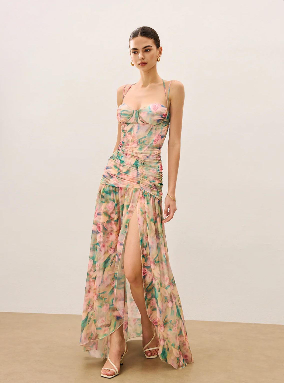 Floral Mesh Corset Slit Maxi Dress