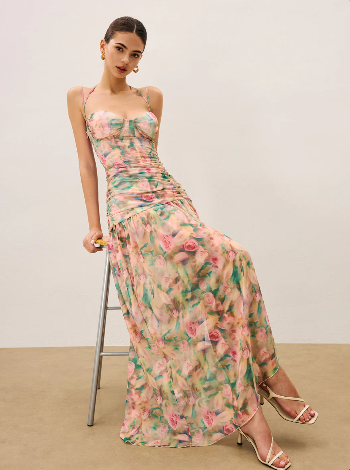 Floral Mesh Corset Slit Maxi Dress