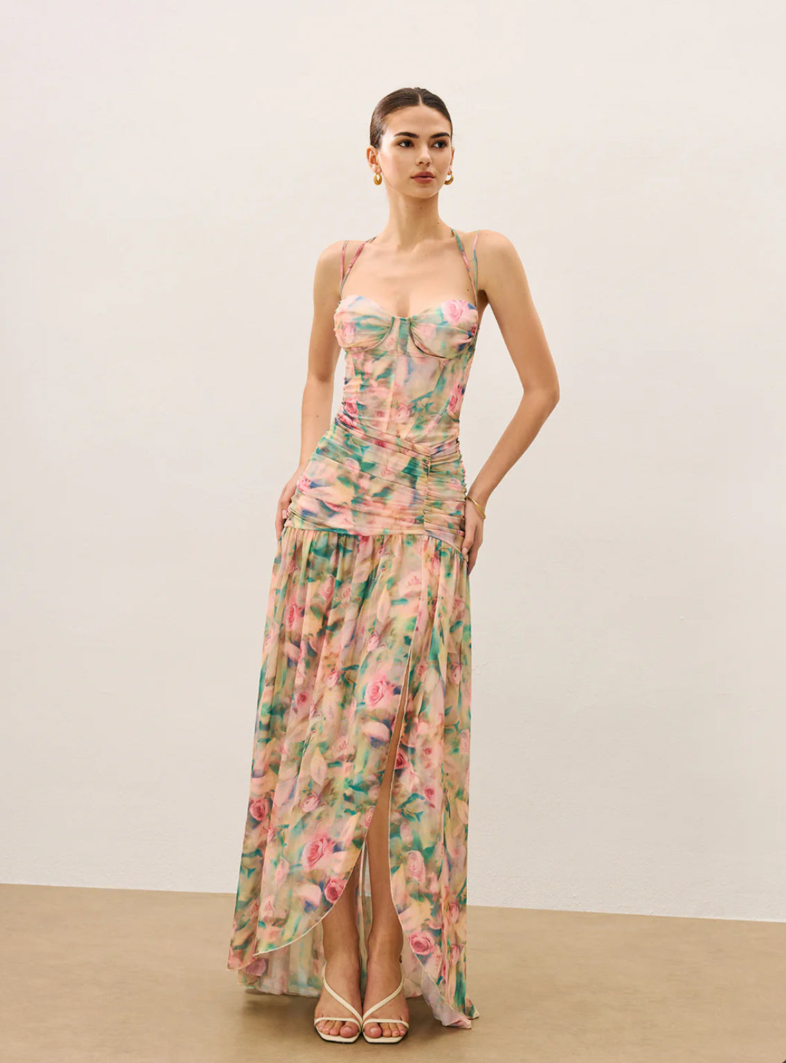 Floral Mesh Corset Slit Maxi Dress
