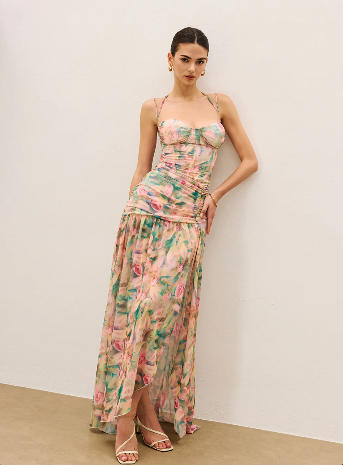 Floral Mesh Corset Slit Maxi Dress