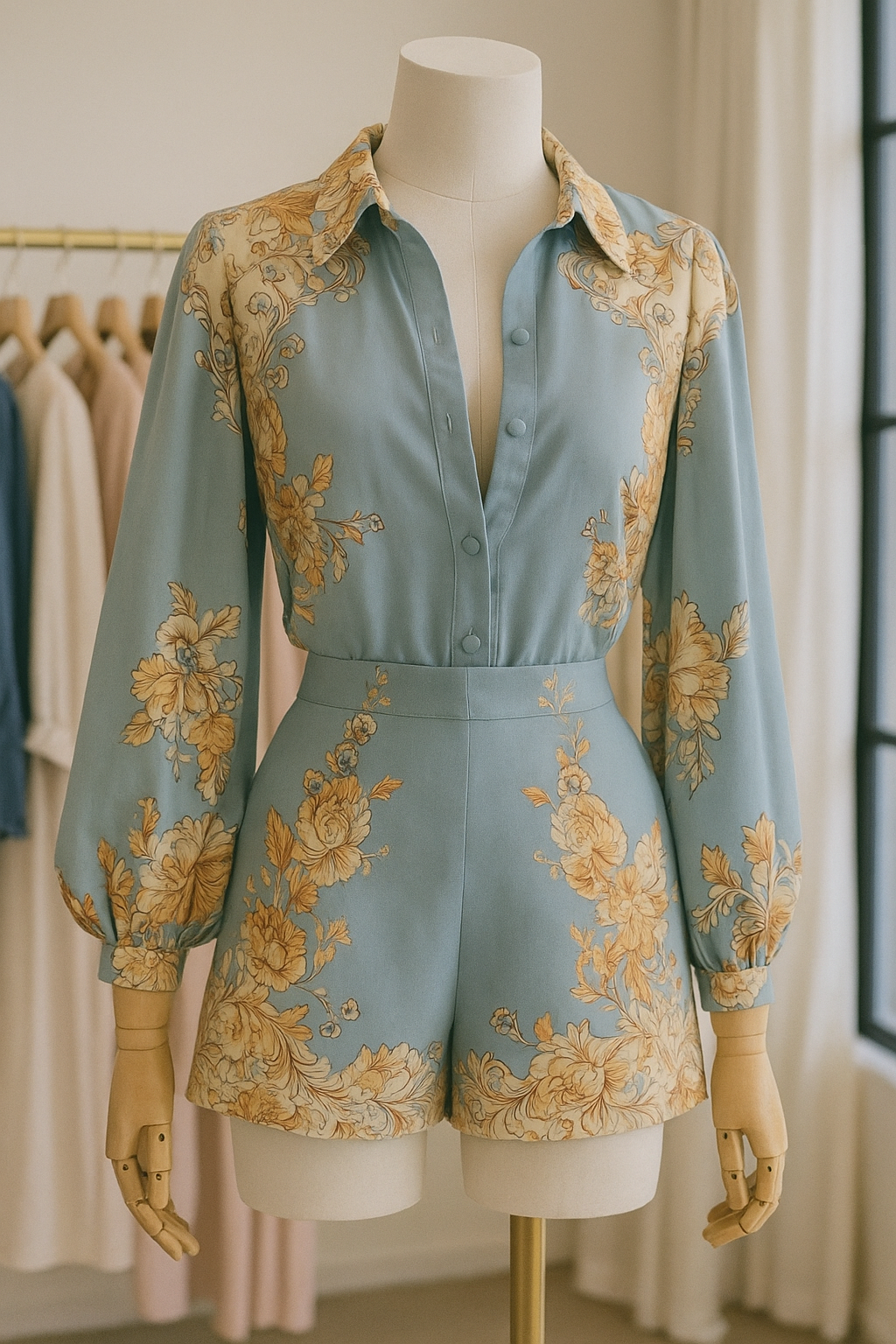 Light Blue Floral Printed Collar Shirt