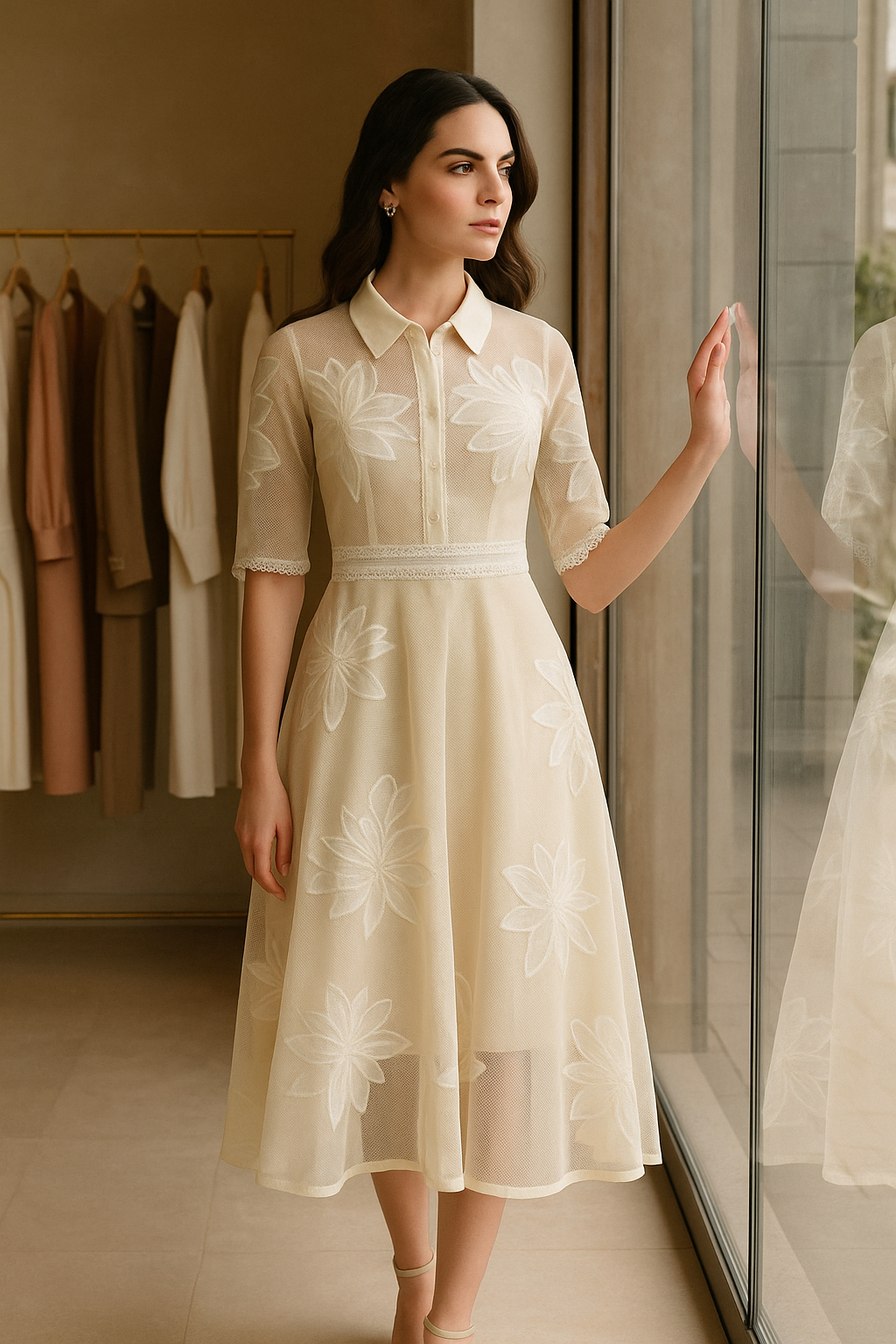 Off White Embroidered Net Dress