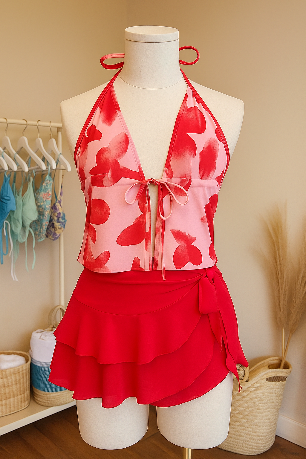 Red Floral Beach Top & Skirt Set