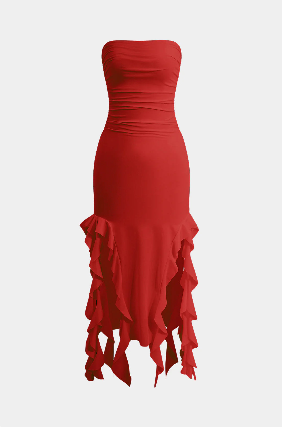 Red Ruffle Bodycon Tube Dress – Strapless Midi Party Dress – Kochila Couture