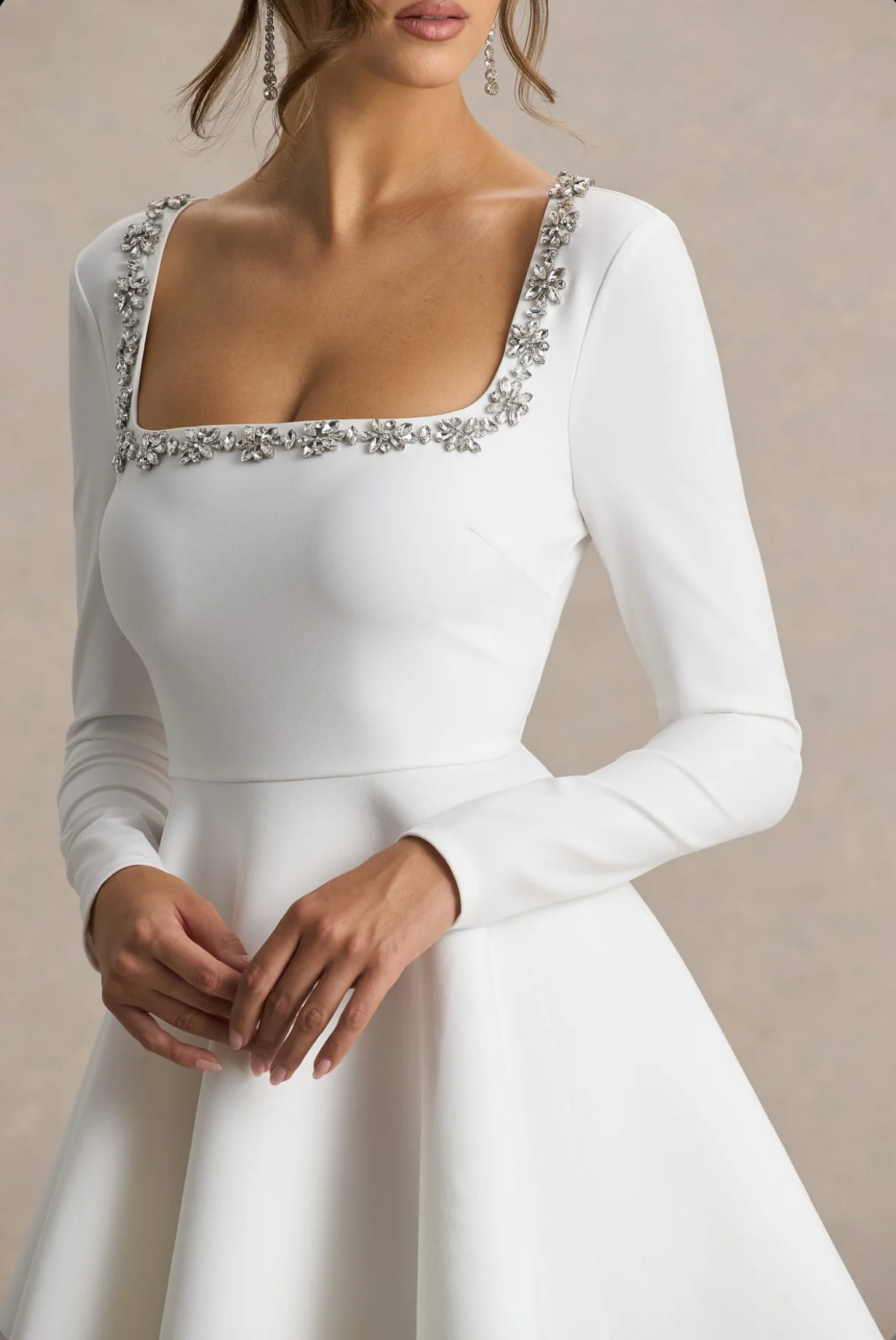 White Rhinestone Square Neck Dress 04