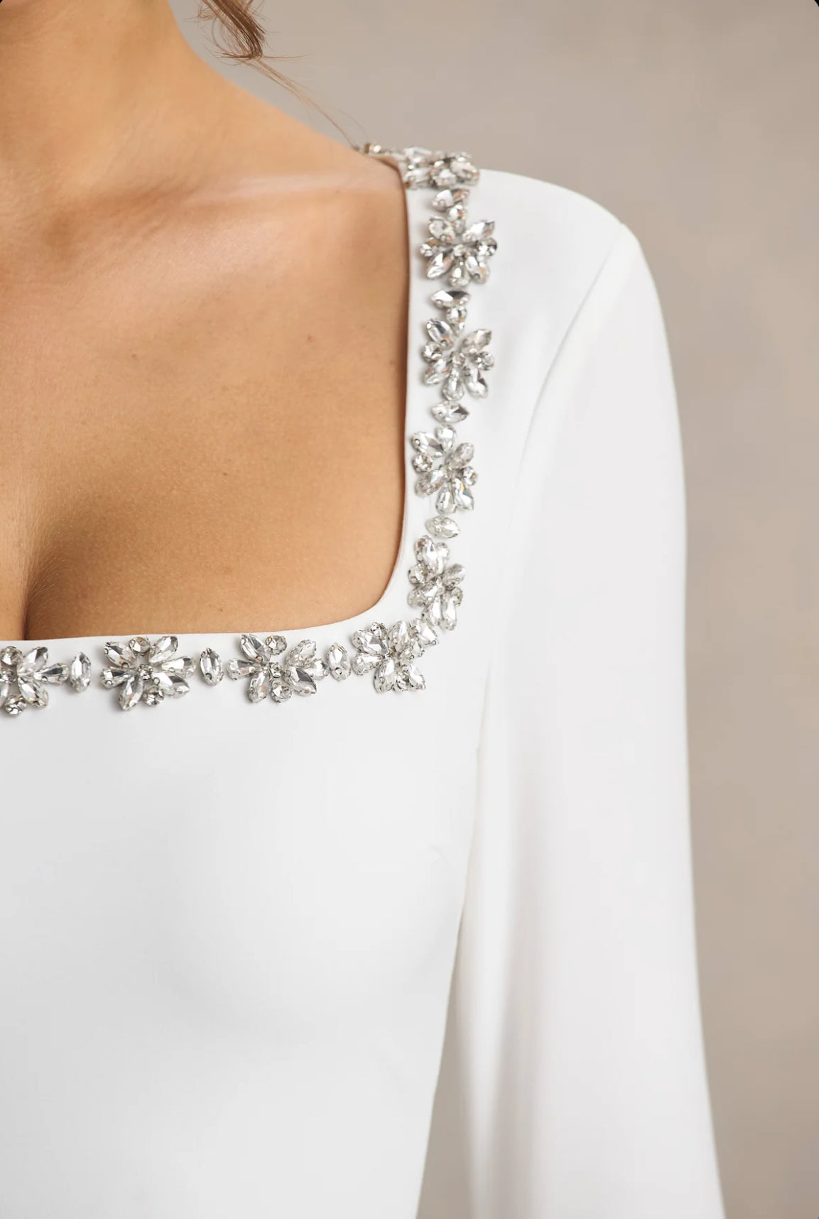White Rhinestone Square Neck Dress 05