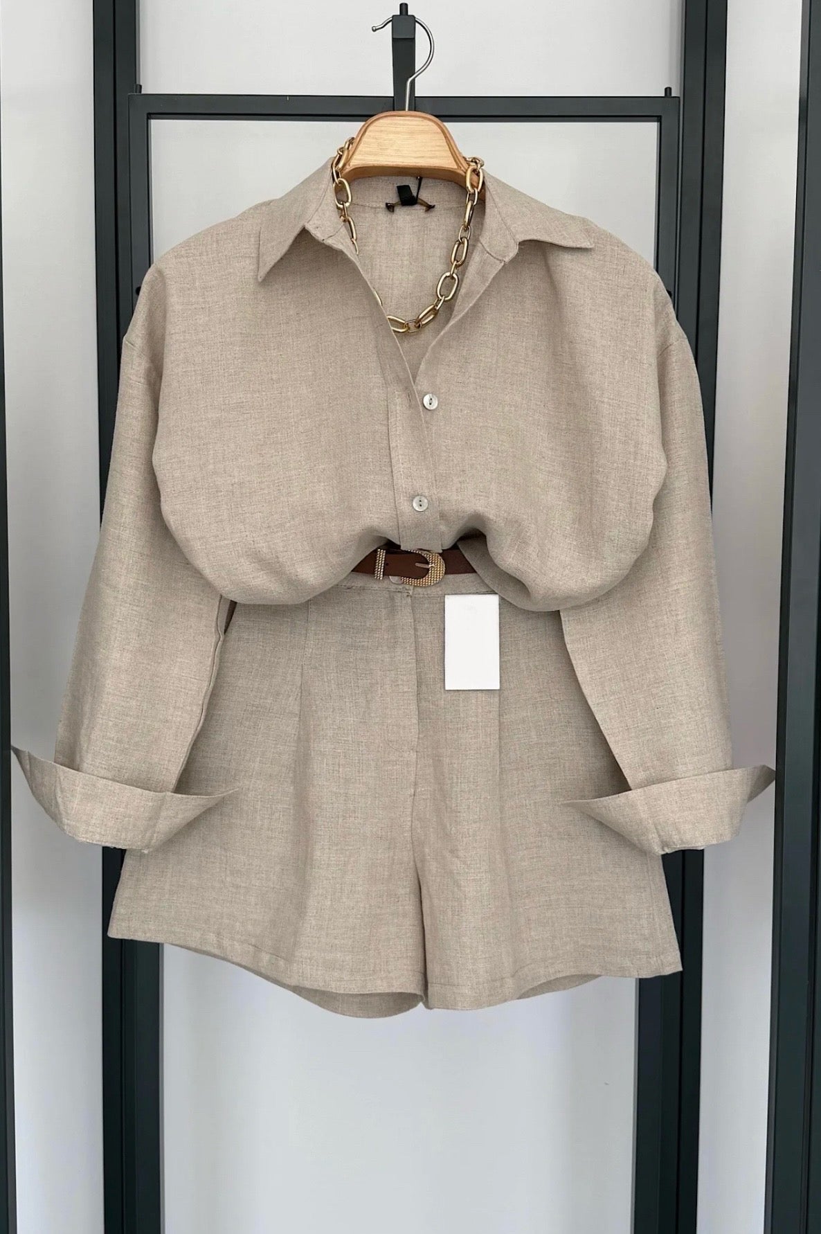 Beige Linen Shirt & Shorts Co-ord Set