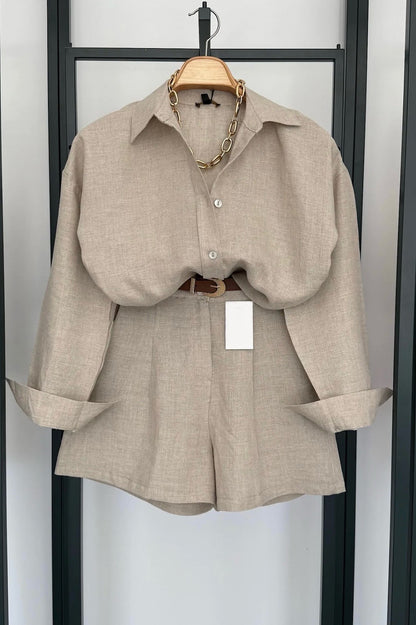 Beige Linen Shirt & Shorts Co-ord Set