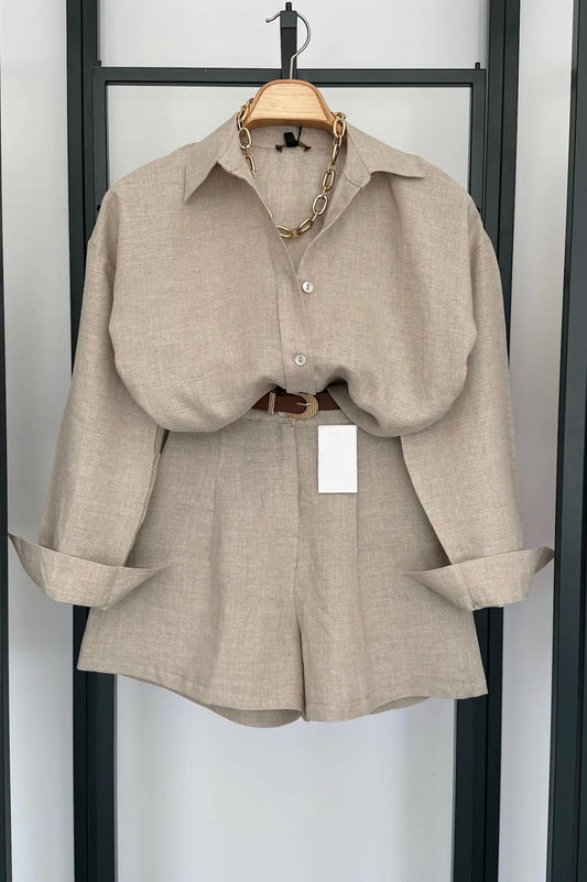 Beige Linen Shirt & Shorts Co-ord Set