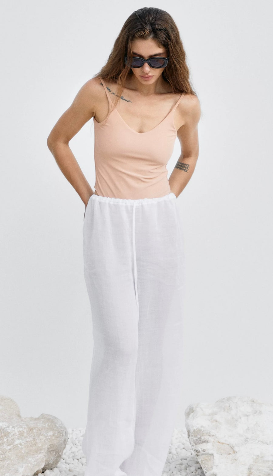 Beige V-neck Strap Bodysuit - Kochila Couture