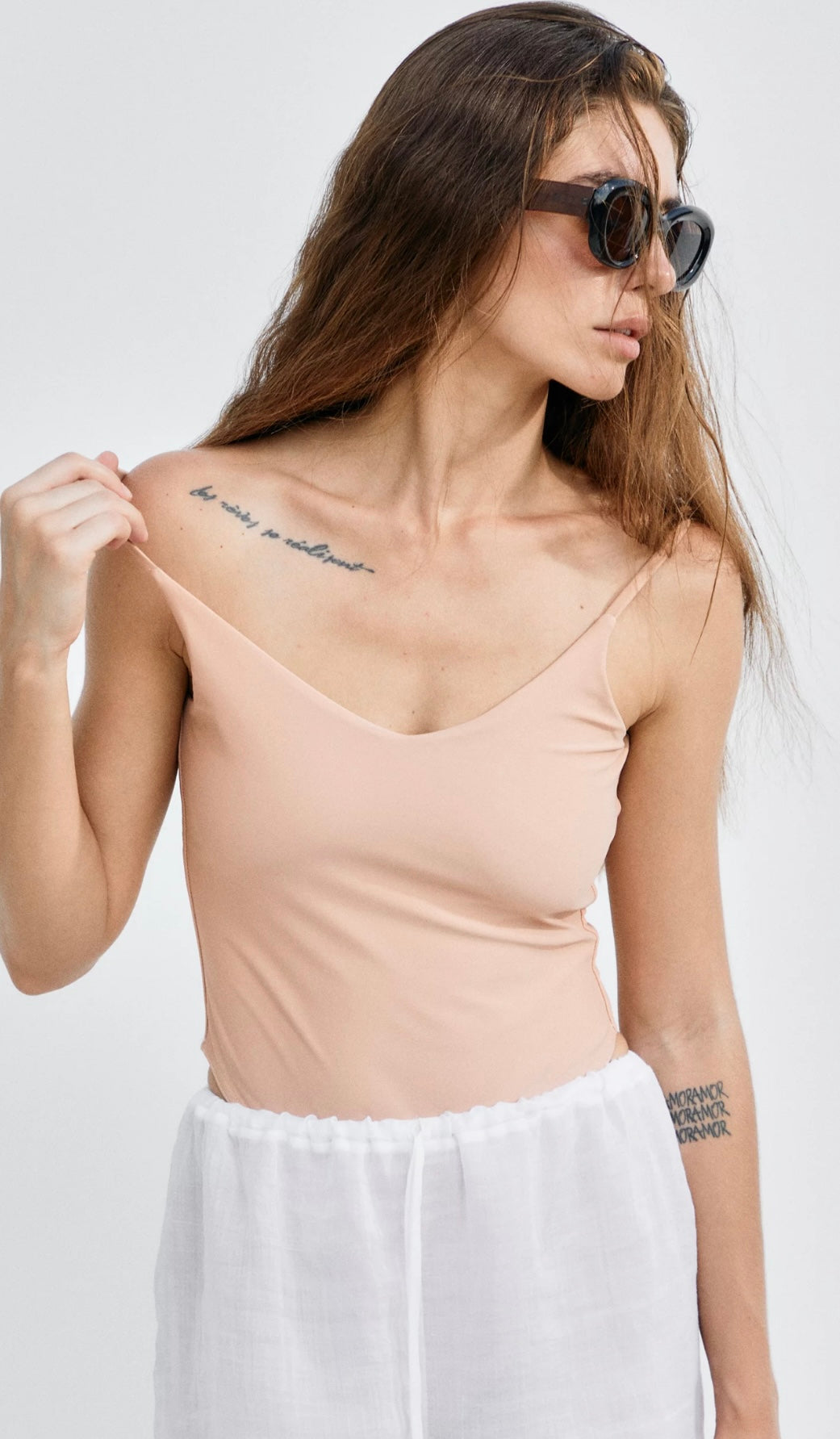 Beige V-neck Strap Bodysuit