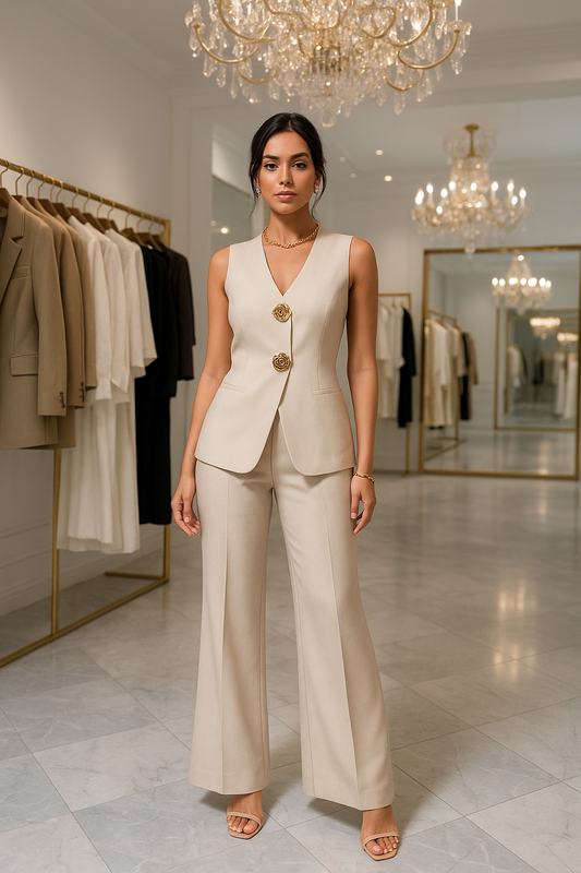 Beige Waistcoat and Flared Trouser Set