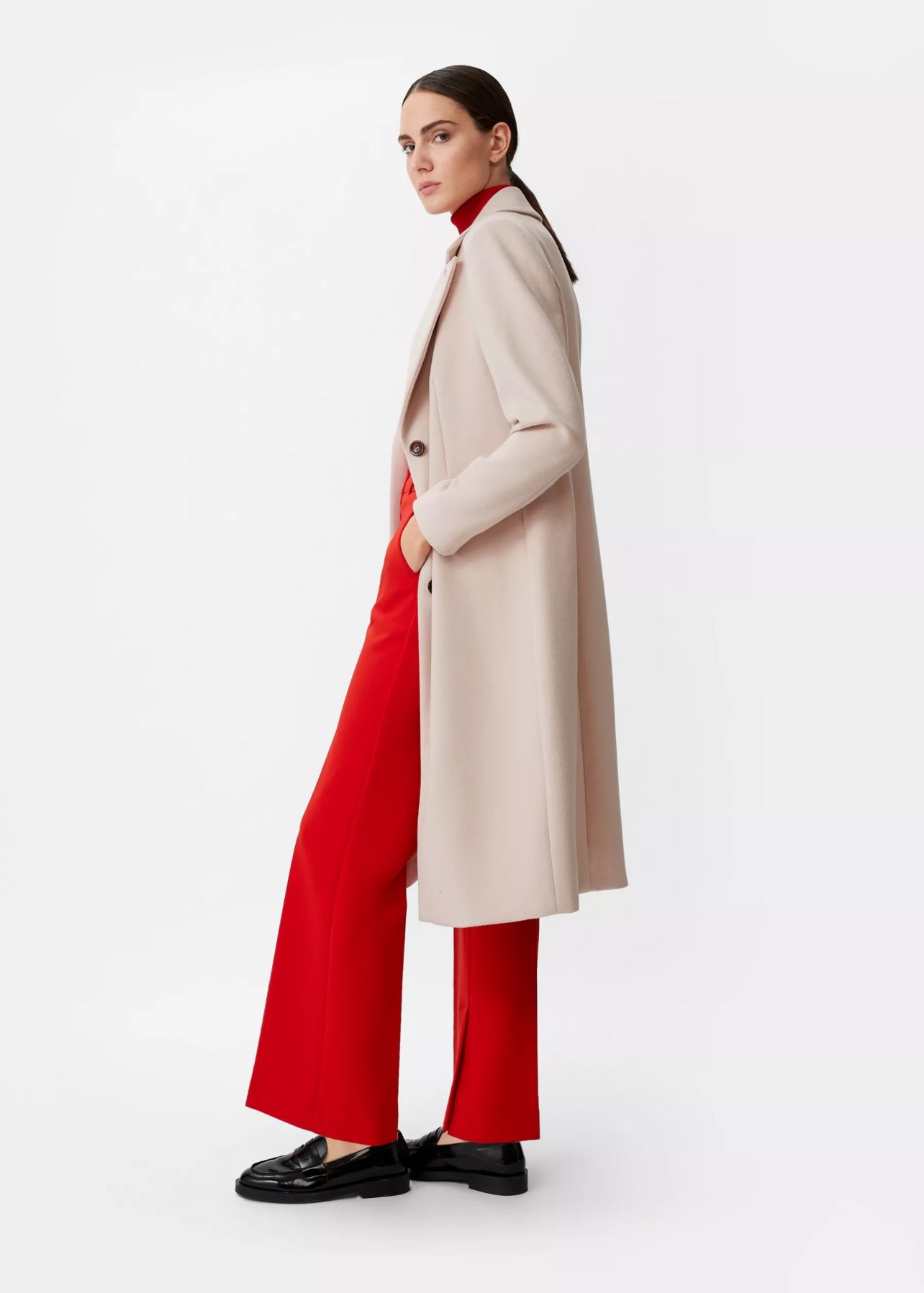 Beige Wool Blend Longline Overcoat