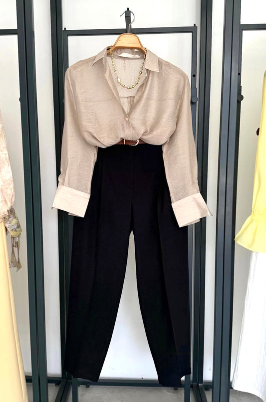 Beige & Black Sheer Shirt & Trouser Set