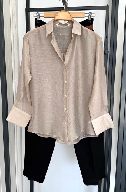 Beige & Black Sheer Shirt & Trouser Set