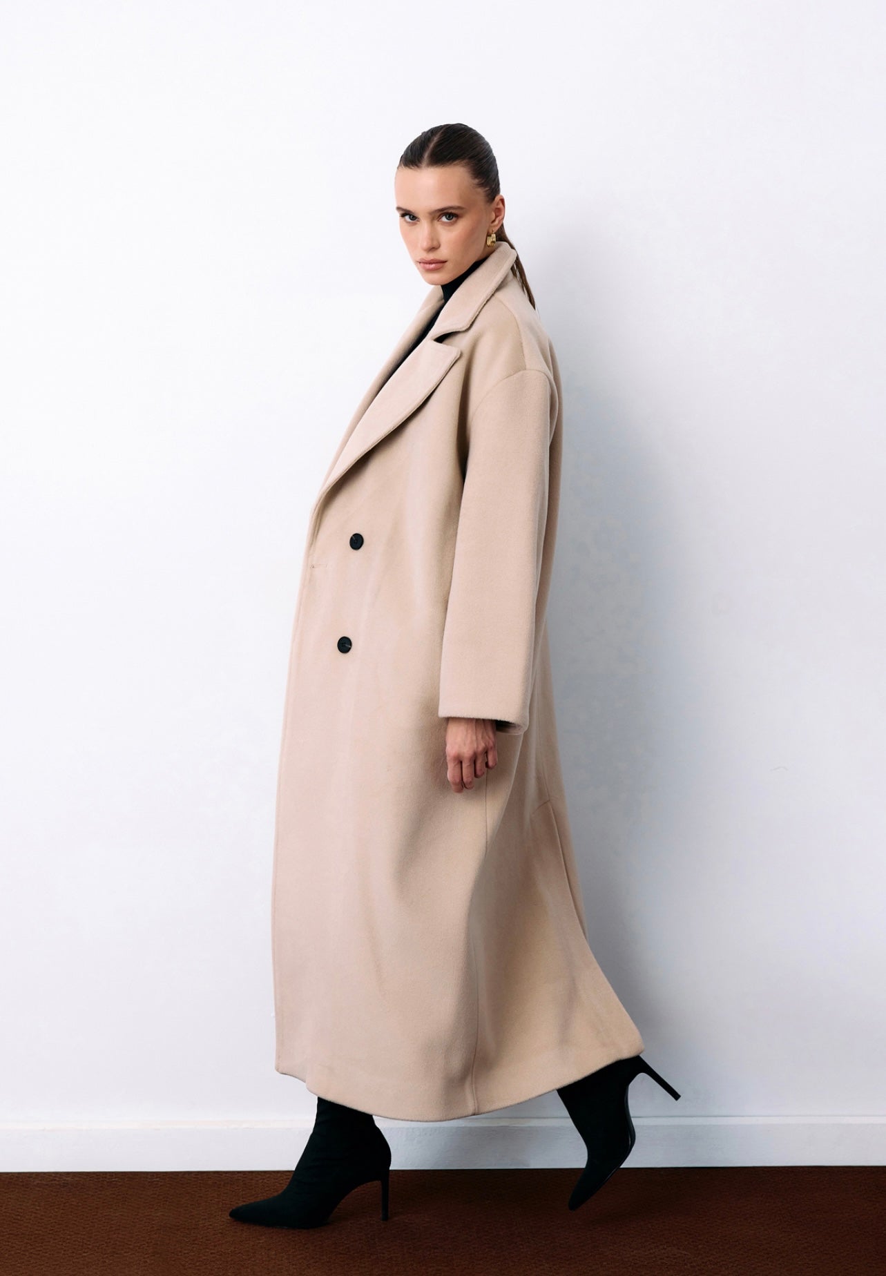 Beige Double Breasted Woollen Overcoat