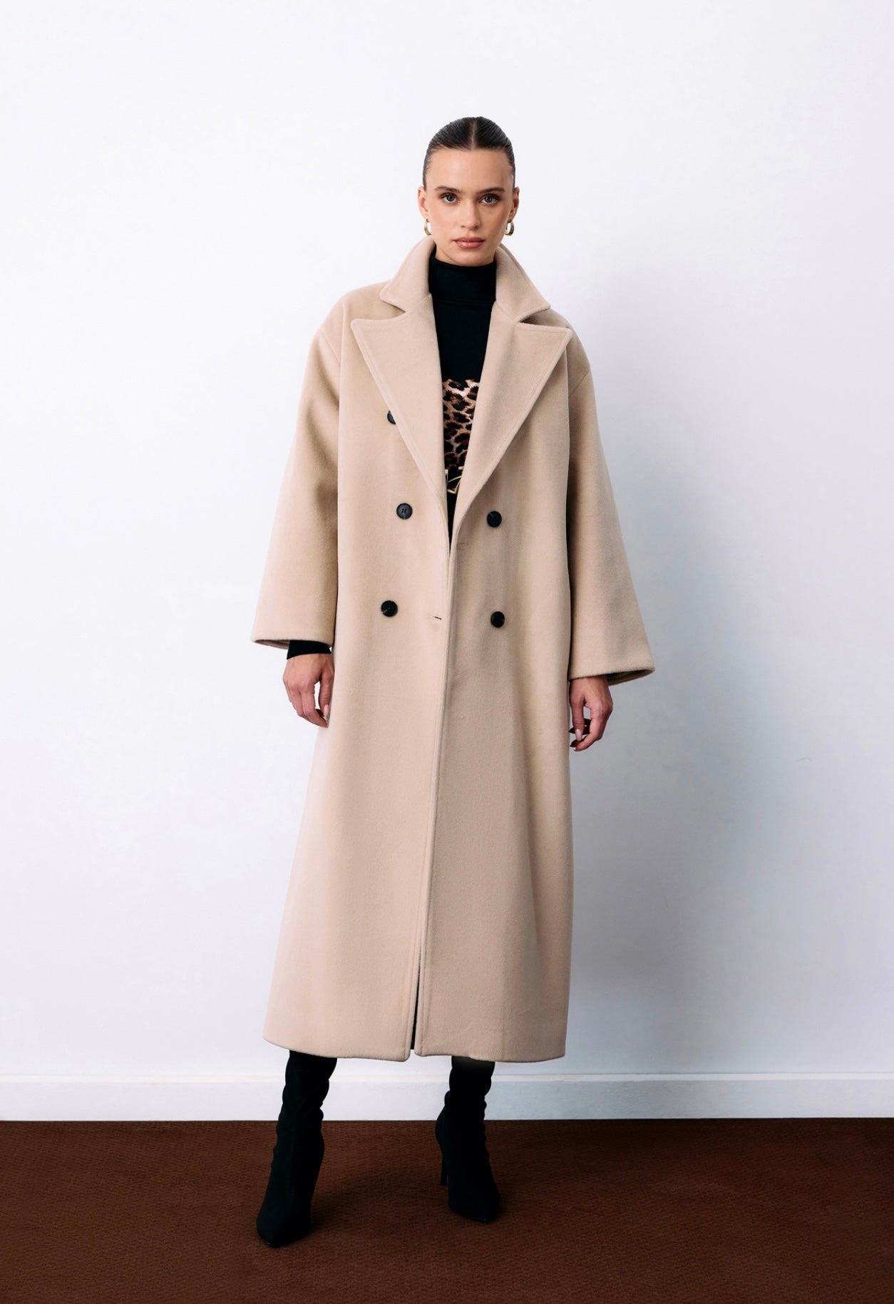 Beige Double Breasted Woollen Overcoat