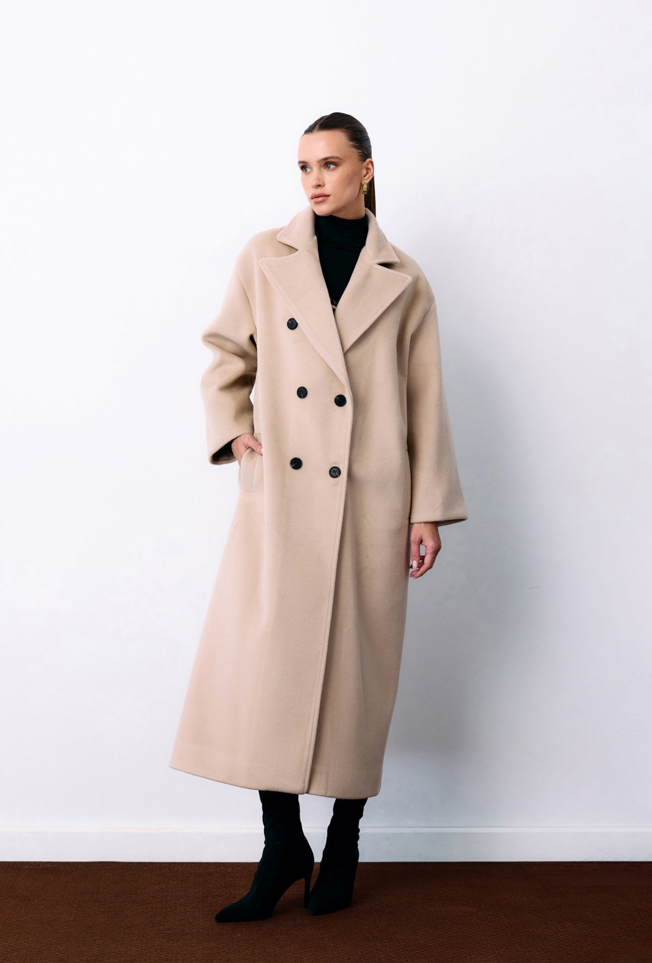 Beige Double Breasted Woollen Overcoat