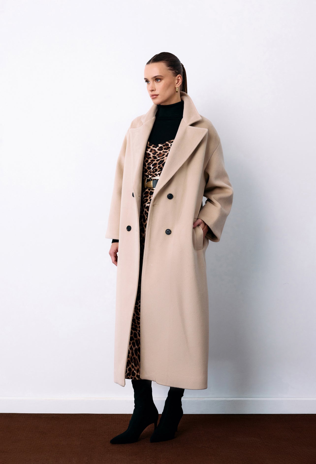 Beige Double Breasted Woollen Overcoat