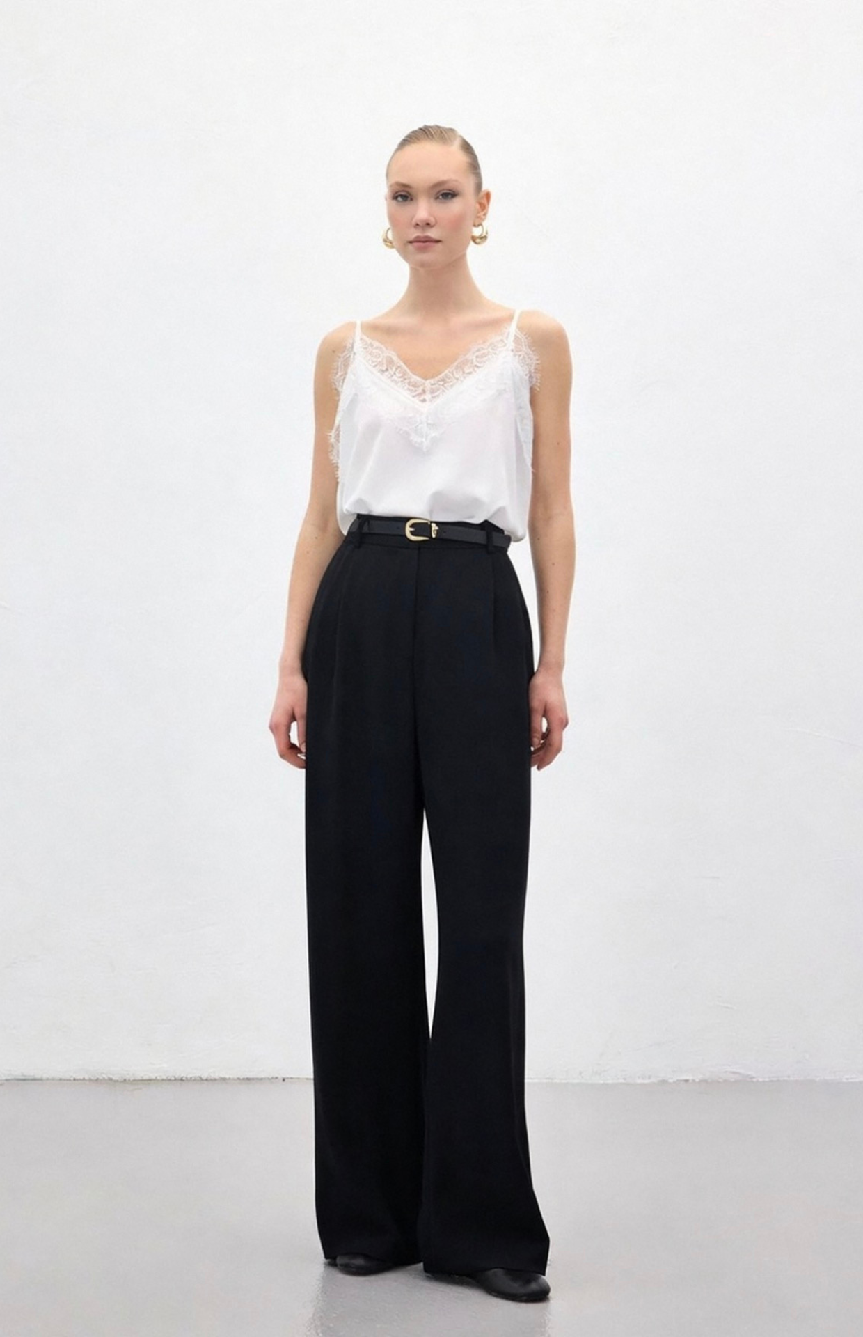 Black tailored straight fit trousers front view high waist formal pants Kochila Couture