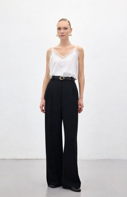 Black tailored straight fit trousers front view high waist formal pants Kochila Couture