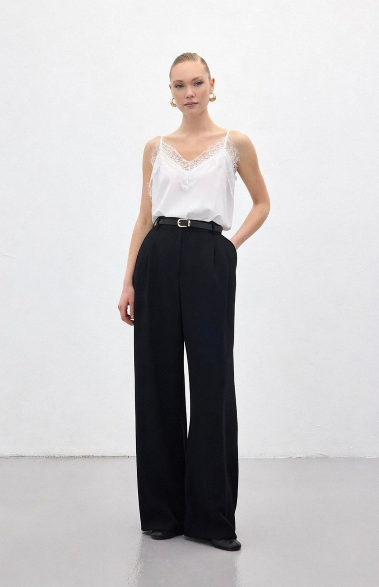Black tailored straight fit trousers front view high waist formal pants Kochila Couture