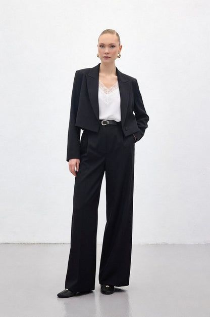 Black tailored straight fit trousers front view high waist formal pants Kochila Couture