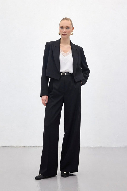 Black tailored straight fit trousers front view high waist formal pants Kochila Couture