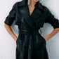 Black Belted Leather Trench Coat