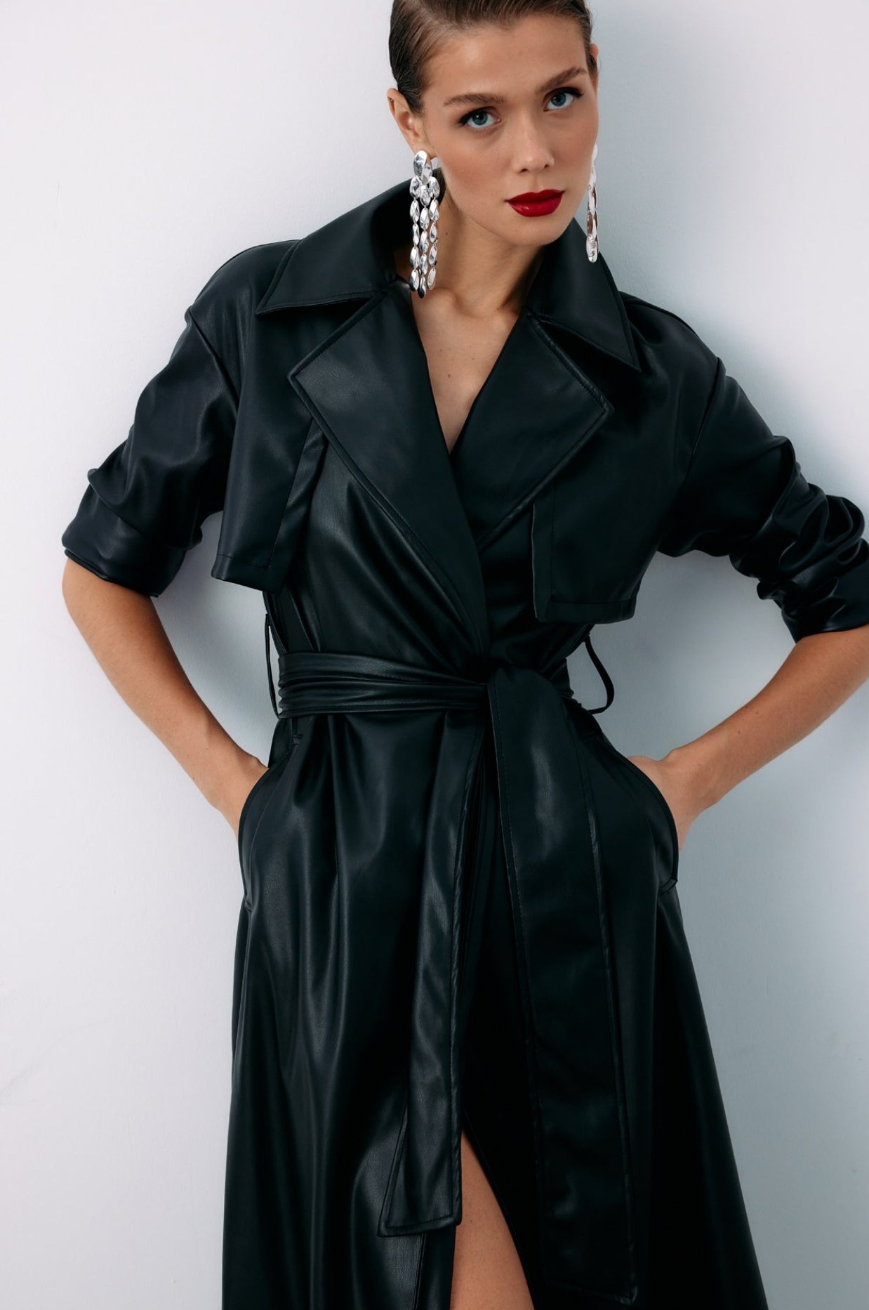 Black Belted Leather Trench Coat