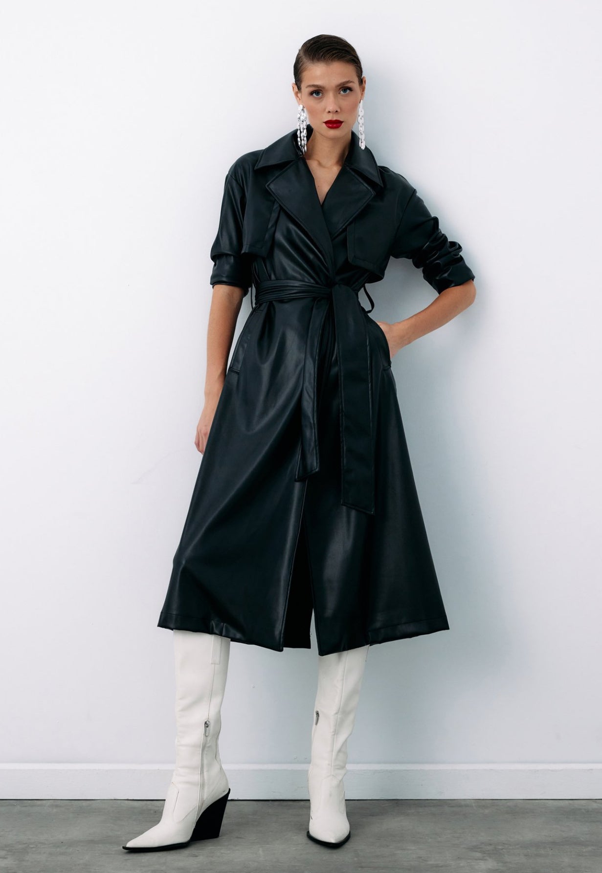 Black Belted Leather Trench Coat