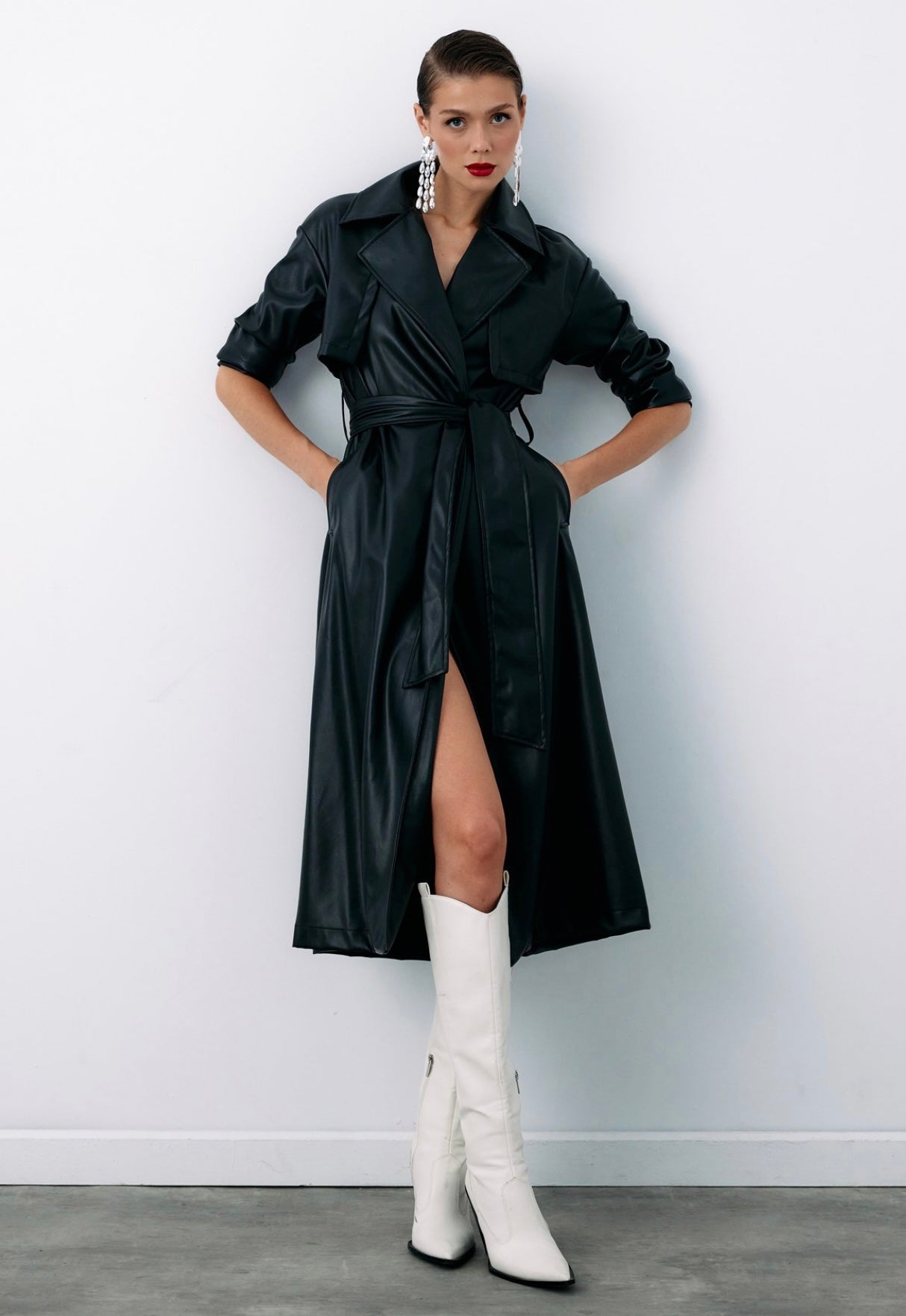 Black Belted Leather Trench Coat