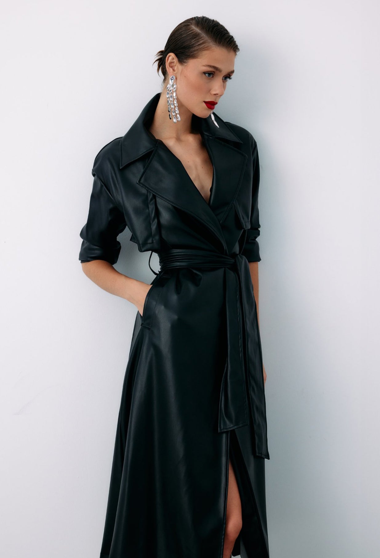 Black Belted Leather Trench Coat